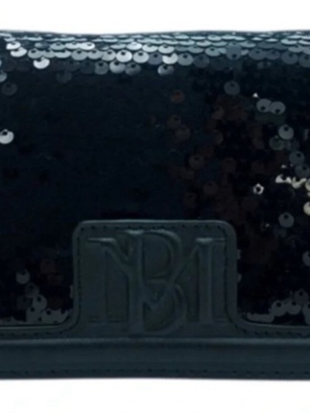Badgley Mischka Black Sequin Evening Clutch with Embossed Logo
